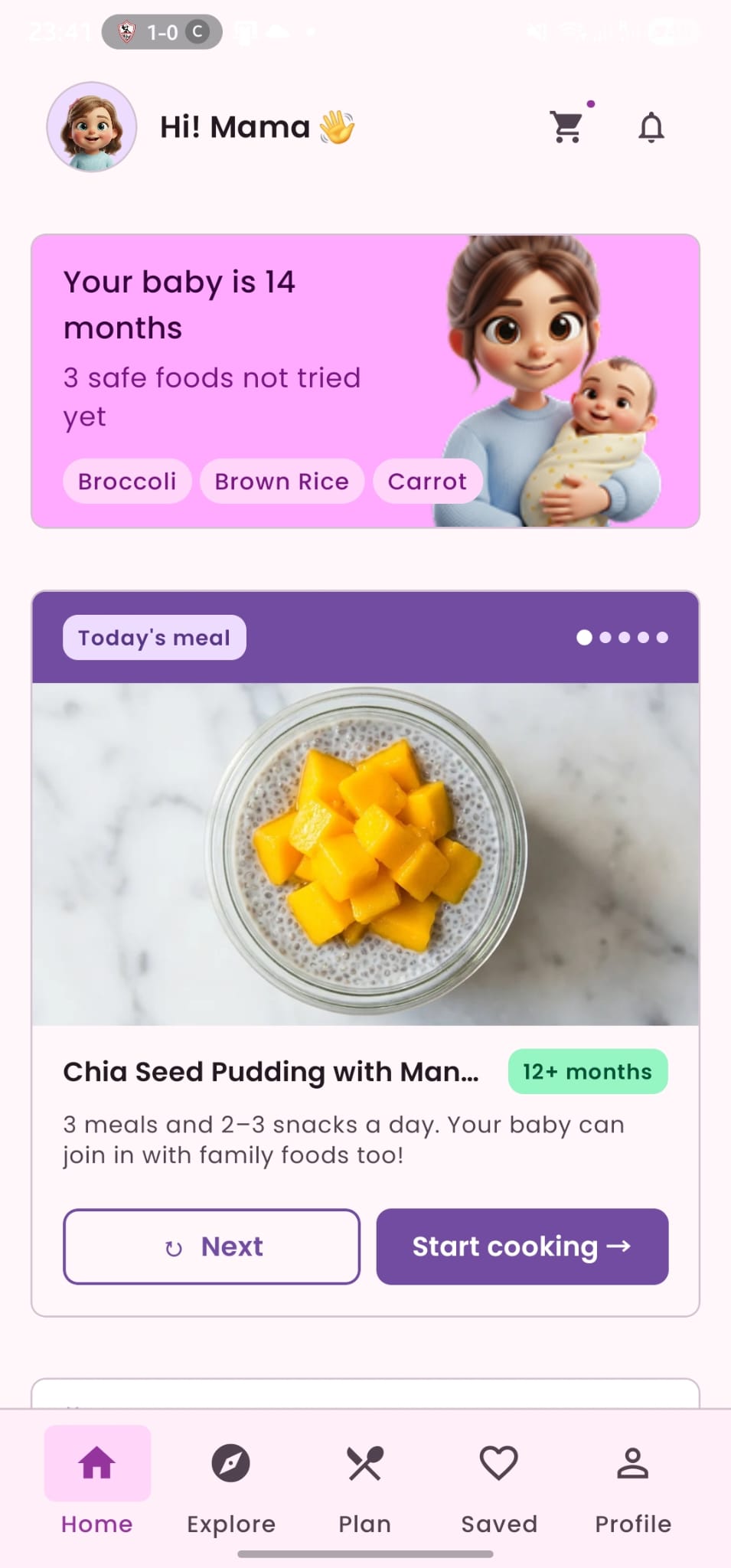 Momsie app home screen showing daily meal suggestions